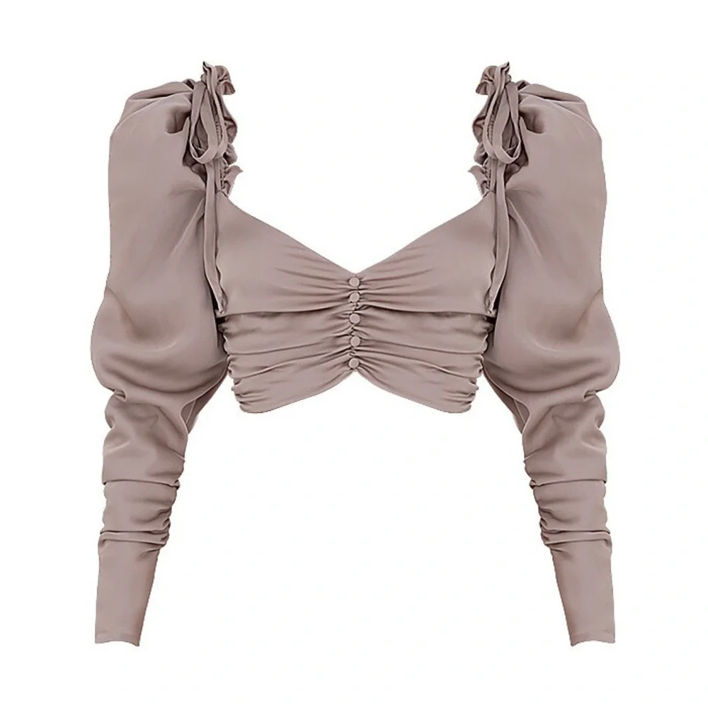 Mistress Rocks NWT 
Light Beige Satin Gathered Crop Top Small - Picture 4 of 8